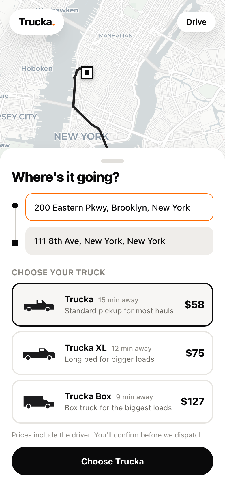 Trucka app screenshot showing three truck sizes with upfront prices for a Brooklyn to Manhattan trip